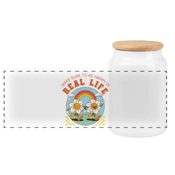 Be Happy in Real Life – Retro Blumen Spruch - Panorama Keksdose mit Holzdeckel - Weiß - Vorne