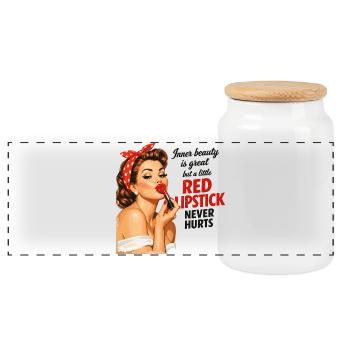 Pin-Up Girl Retro Design: Roter Lippenstift - Panorama Keksdose mit Holzdeckel - Weiß - Vorne