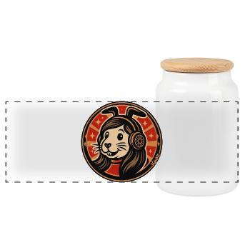 Retro Bunny Headphones Emblem - Panoramic Cookie Jar with Wooden Lid - white - Front