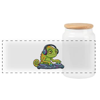 Caméléon DJ Platines Musique Mascotte Cartoon - Boîte à biscuits avec couvercle en bois - blanc - Devant