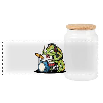 Chamäleon-Schlagzeuger Rockmusik-Maskottchen-Zeichentrick - Panorama Keksdose mit Holzdeckel - Weiß - Vorne