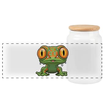 Maskottchen der gestressten Echsenpanik mit hervorquellenden Augen - Panorama Keksdose mit Holzdeckel - Weiß - Vorne