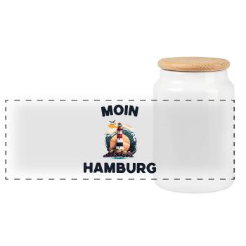 Moin Hamburg Leuchtturm Motiv - Panorama Keksdose mit Holzdeckel - Weiß - Vorne