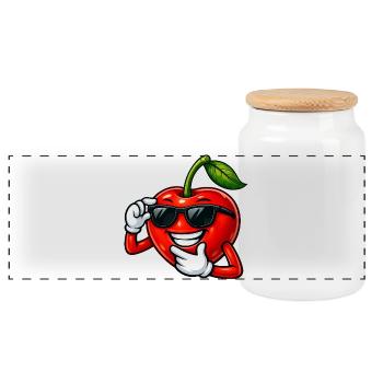 Cool Cherry Cartoon Comic Fruit Design - Panoramic Cookie Jar with Wooden Lid - white - Front