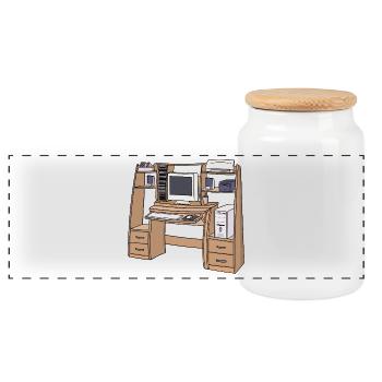 Retro-Computerschreibtisch-Setup 90er 2000er Nostalgie - Panorama Keksdose mit Holzdeckel - Weiß - Vorne