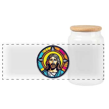 Jesus, buntes Buntglas - Panorama Keksdose mit Holzdeckel - Weiß - Vorne