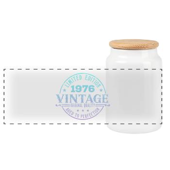 Vintage 1976 - Panoramic Cookie Jar with Wooden Lid - white - Front