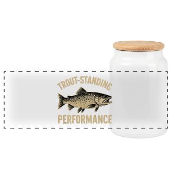 Trout Fishing Saying Trout-standing Performance - Panoramic Cookie Jar with Wooden Lid - white - Front