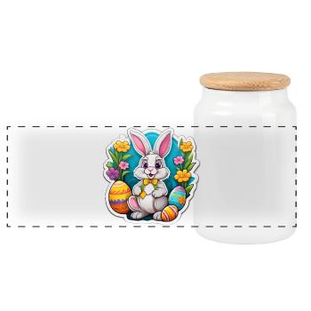 Pastel Easter Bunny and Flowering Eggs - Panoramic Cookie Jar with Wooden Lid - white - Front