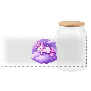 Pink unicorn sleeping on a purple cloud - Panoramic Cookie Jar with Wooden Lid - white - Front