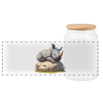Sleeping rhinoceros - Panoramic Cookie Jar with Wooden Lid - white - Front