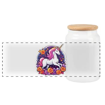 Bright unicorn surrounded by cosmos flowers - Panoramic Cookie Jar with Wooden Lid - white - Front