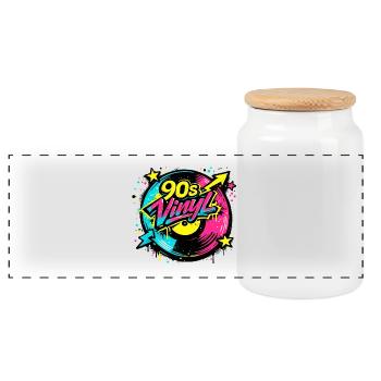 90s Vinyl Neon Circle - Panoramic Cookie Jar with Wooden Lid - white - Front