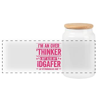 Overthinker & IDGAF – lustiger Spruch für Overthin - Panorama Keksdose mit Holzdeckel - Weiß - Vorne