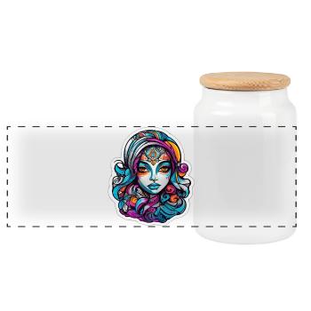 Masked Chromatic Goddess - Panoramic Cookie Jar with Wooden Lid - white - Front