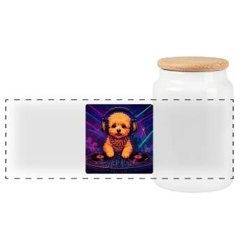 Maltipoo DJ: Cute Dog with Headphones & Neon - Panoramic Cookie Jar with Wooden Lid - white - Front