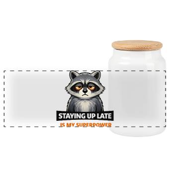 Late-Night Raccoon Superpower - Panoramic Cookie Jar with Wooden Lid - white - Front