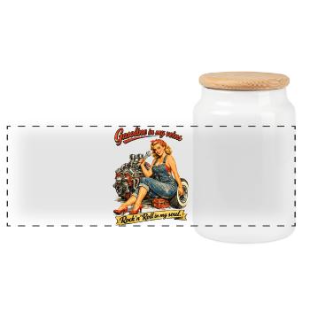 Retro Pin-up Hot Rod: Gasoline & Rock n Roll Soul - Panoramic Cookie Jar with Wooden Lid - white - Front