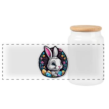 Spring rabbit and colorful eggs - Panoramic Cookie Jar with Wooden Lid - white - Front