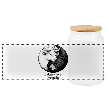 Börse Yin Yang: Bulle & Bär Balance your Portfolio - Panorama Keksdose mit Holzdeckel - Weiß - Vorne
