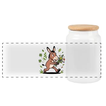Happy donkey and spring bouquet - Panoramic Cookie Jar with Wooden Lid - white - Front
