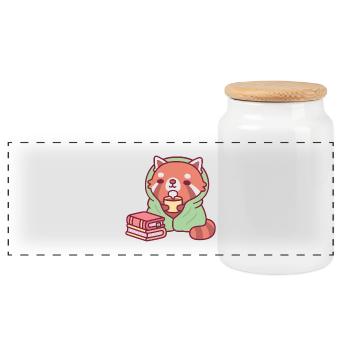 Un mignon panda roux qui se détend avec du thé et des livres - Boîte à biscuits avec couvercle en bois - blanc - Devant