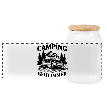 Camping geht immer Camper Wohnmobil Outdoor - Panorama Keksdose mit Holzdeckel - Weiß - Vorne