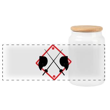 Fechtlogo-Masken und rote Kreuzklingen - Panorama Keksdose mit Holzdeckel - Weiß - Vorne