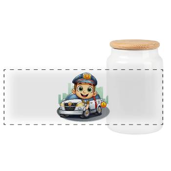 Petit policier en voiture d’aventure - Boîte à biscuits avec couvercle en bois - blanc - Devant