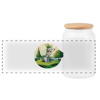 Dino Golf Duo on a green meadow - Panoramic Cookie Jar with Wooden Lid - white - Front