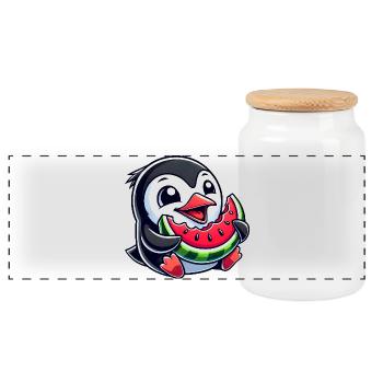 Penguin with Watermelon Summer Fruit - Panoramic Cookie Jar with Wooden Lid - white - Front