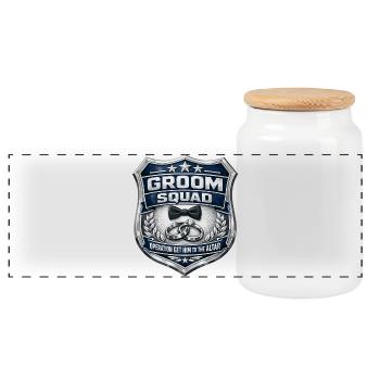 Bachelor Party Shirt Police Badge: Groom Squad Design - Panoramic Cookie Jar with Wooden Lid - white - Front