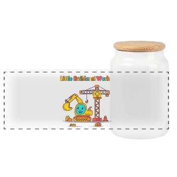 Little construction worker at crane - Panoramic Cookie Jar with Wooden Lid - white - Front
