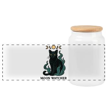 Mondwächter Katzenbild - Panorama Keksdose mit Holzdeckel - Weiß - Vorne