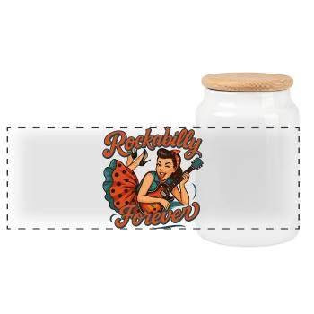 Rockabilly Forever: Rockabella mit E-Gitarre - Panorama Keksdose mit Holzdeckel - Weiß - Vorne