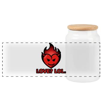 Love Lol – Flaming Heart with Horns - Panoramic Cookie Jar with Wooden Lid - white - Front