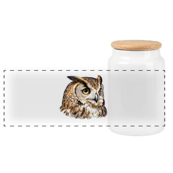 Artistic feather night owl - Panoramic Cookie Jar with Wooden Lid - white - Front