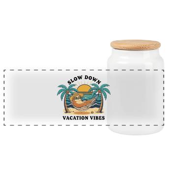 Sloth Sloth Hammock Slow Down Vacation Vibes - Panoramic Cookie Jar with Wooden Lid - white - Front