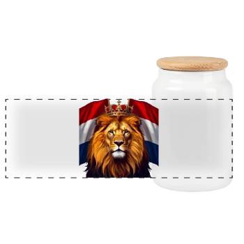 Crown lion on Dutch flag - Panoramic Cookie Jar with Wooden Lid - white - Front