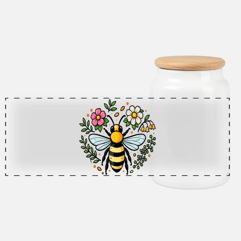Abeille et fleurs nature jardin - Boîte à biscuits avec couvercle en bois - blanc
