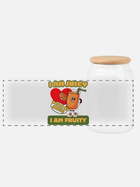 Ich bin Juicy – Ich bin Fruity – Cartoon-Tee - Panorama Keksdose mit Holzdeckel - Weiß