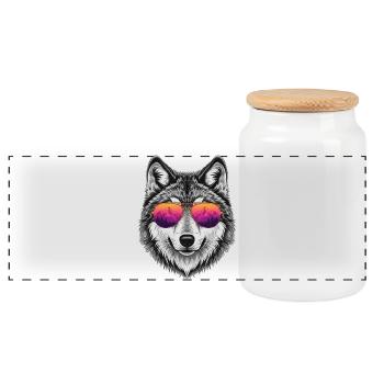 Cool Wolf with Sunglasses Graphic Tee - Panoramic Cookie Jar with Wooden Lid - white - Front