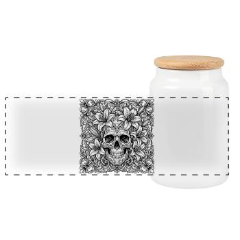 Bloom to Decay – Gothic Skull & Lily Art - Panoramic Cookie Jar with Wooden Lid - white - Front