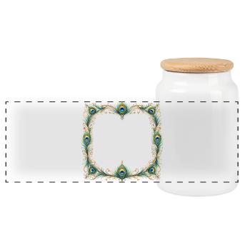 Peacock Feather Frame Ornament Boho Design - Panoramic Cookie Jar with Wooden Lid - white - Front