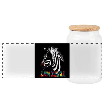 Zebra-Silhouette mit farbenfroher Schrift CANZEBRA - Panorama Keksdose mit Holzdeckel - Weiß - Vorne