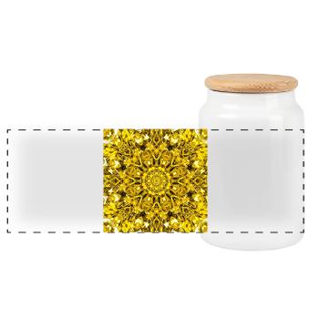 Gelbe Mandala radiales Muster - Panorama Keksdose mit Holzdeckel - Weiß - Vorne