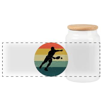 Pickleball player motif around pickleball athlete - Panoramic Cookie Jar with Wooden Lid - white - Front