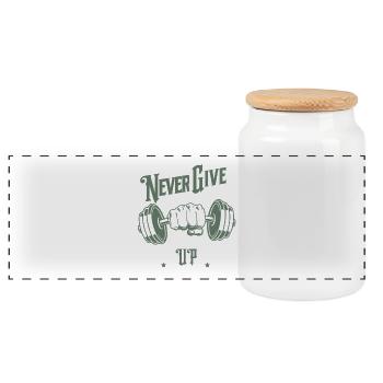Never Give Up – Motivation & Strength - Panoramic Cookie Jar with Wooden Lid - white - Front