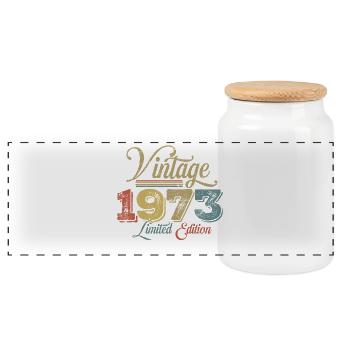 Vintage 1973 - Panoramic Cookie Jar with Wooden Lid - white - Front