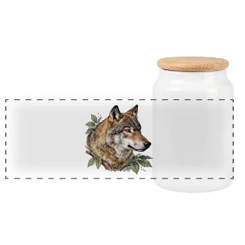 Wolf surrounded by foliage - Panoramic Cookie Jar with Wooden Lid - white - Front